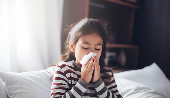 Child sneezing near dusty drapery