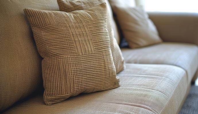 Clean fabric sofa with decorative throw pillows