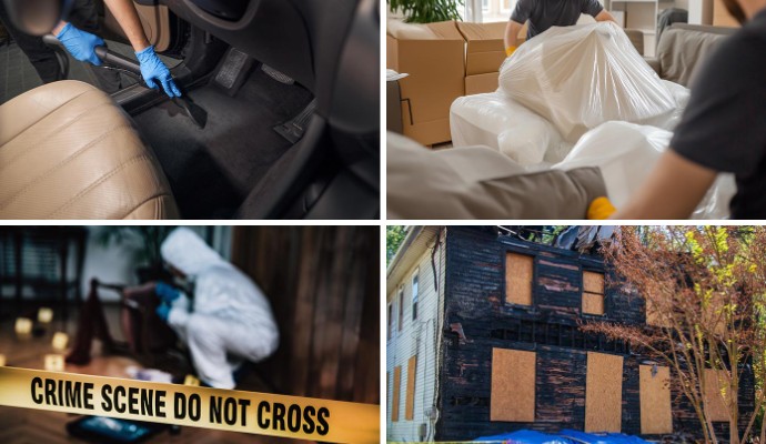 Collage of auto cleaning, content packout, trauma cleanup and board-up house