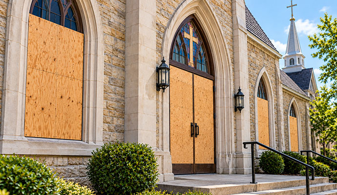 Boarded up doors and windows on stone church building