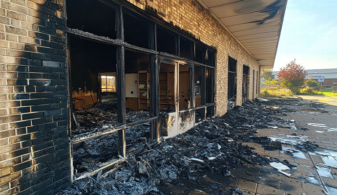 Fire-damaged commercial storefront with charred exterior