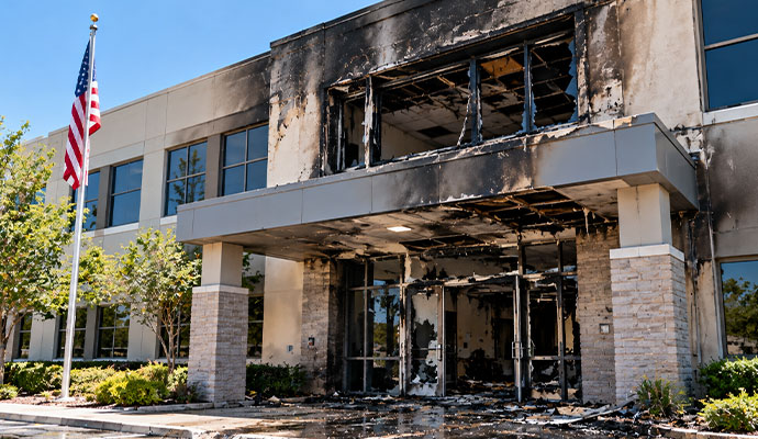 Fire damaged government building entrance