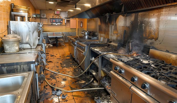 Fire damaged restaurant kitchen