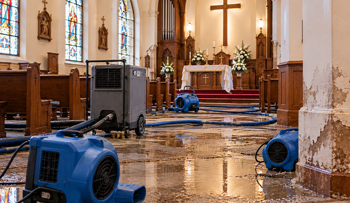 Flooded church sanctuary with water damage drying equipment