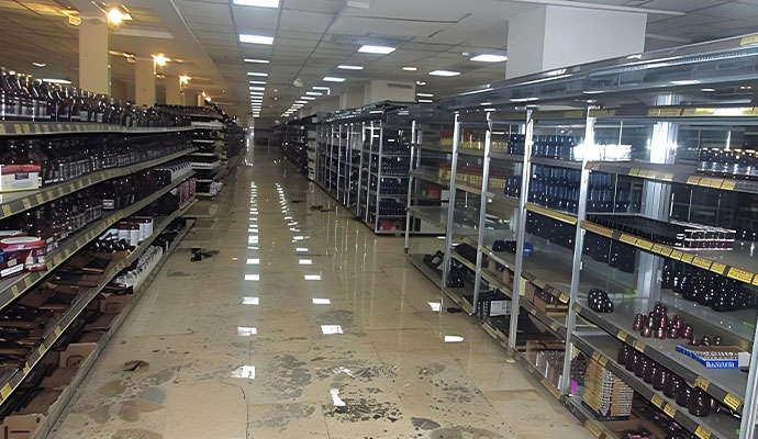 Flooded retail store aisle with standing water