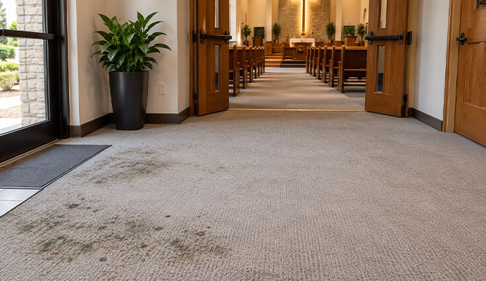 Mildew stains on carpet near church sanctuary entrance