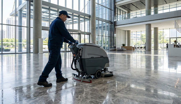 Operator using commercial floor scrubber in large building lobby