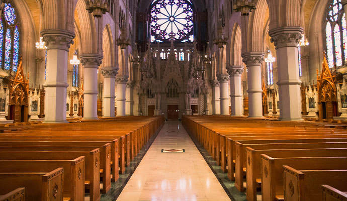 Polished marble floor aisle inside cathedral sanctuary