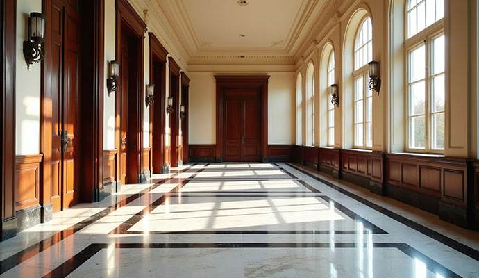 Polished marble floor hallway in government building