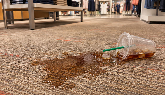 Spilled iced coffee stain on retail store carpet