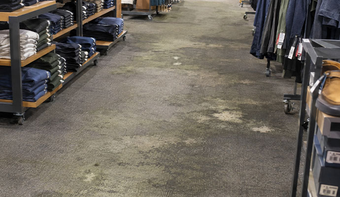 Stained and mildew-affected carpet in retail store