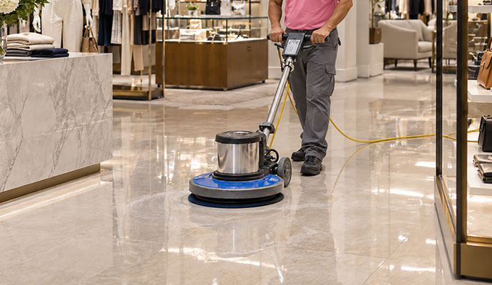 Technician buffing floor in retail clothing store