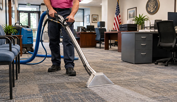 Technician cleaning carpet with steam wand