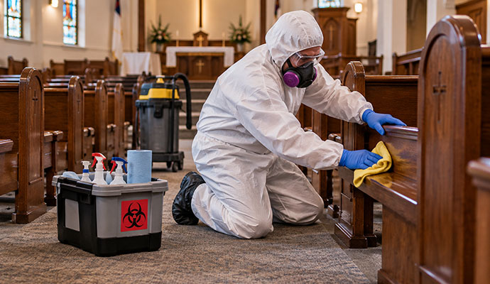 Technician cleaning church pew with biohazard cleanup kit