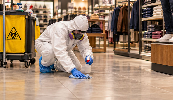 Technician cleaning retail store floor during biohazard cleanup