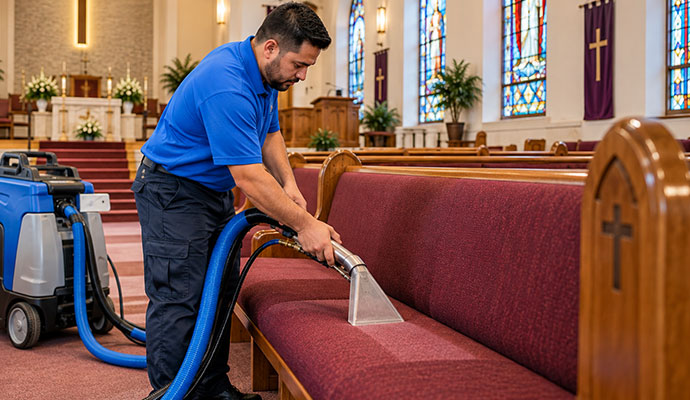 Technician cleaning upholstered church pews with extractor