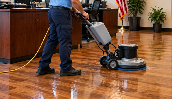 Technician polishing wood floor
