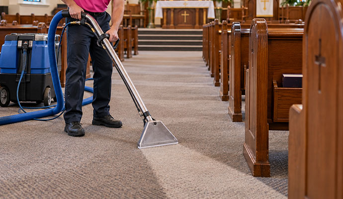 Technician steam cleaning church sanctuary carpet