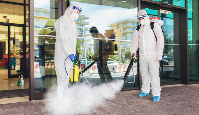 Technicians spraying disinfectant at commercial building entrance