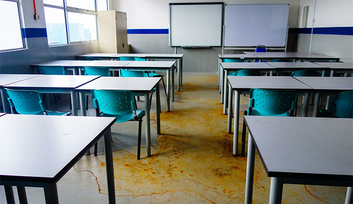 Water damaged floor in a school