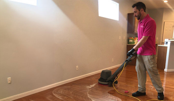 Expert cleaning floor with equipment