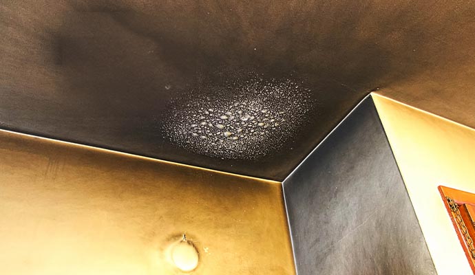 Fire and smoke damage on the ceiling