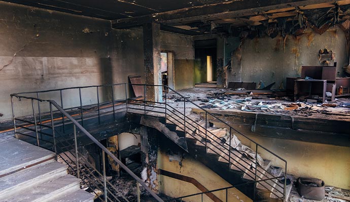 Fire damaged commercial building interior