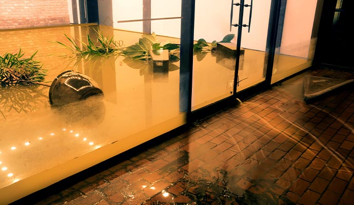 Flooded building interior floor severely damaged by water
