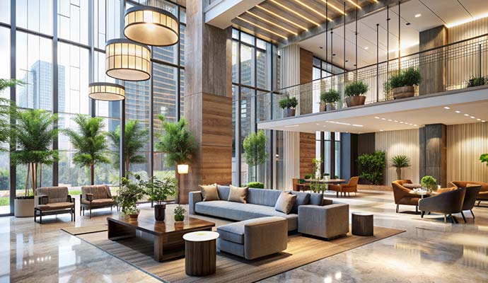 Hotel atrium lobby with seating areas and polished marble floors