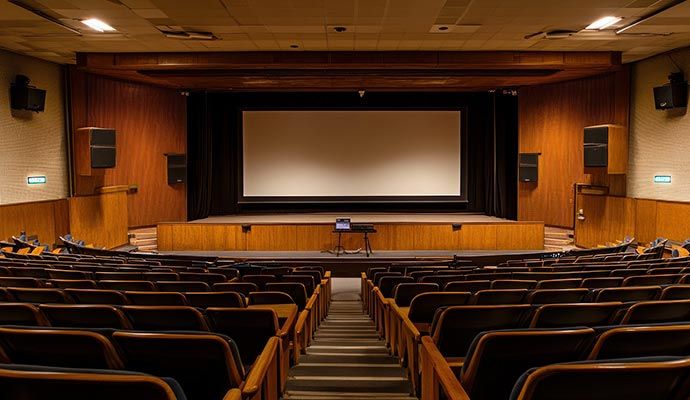 Modern movie theater interior with cushioned seating and projector