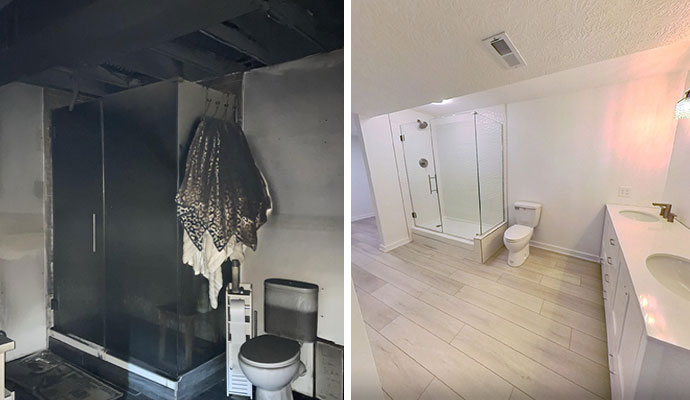 Before and after comparison of a smoke-damaged bathroom restored to a clean, modern  bathroom