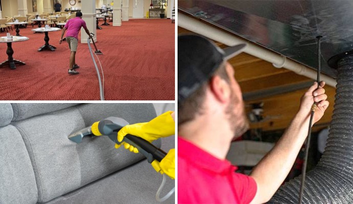 Collage of carpet, upholstery, and duct cleaning service