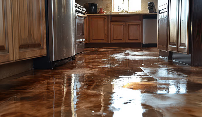 Water damaged wooden floor in kitchen

