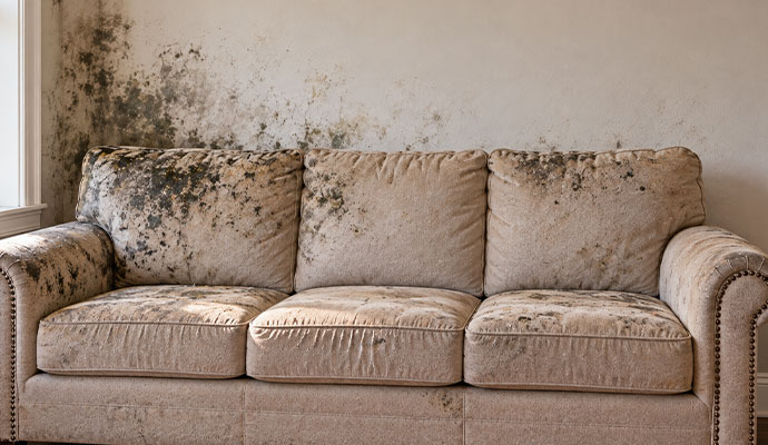 Black mold growth on couch and wall