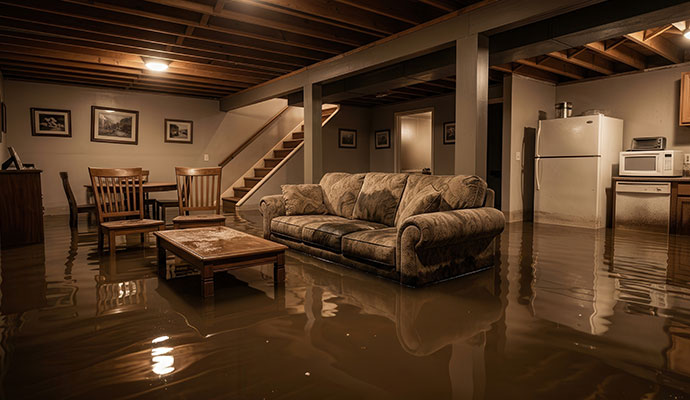 Flooded basement with standing water and submerged furniture