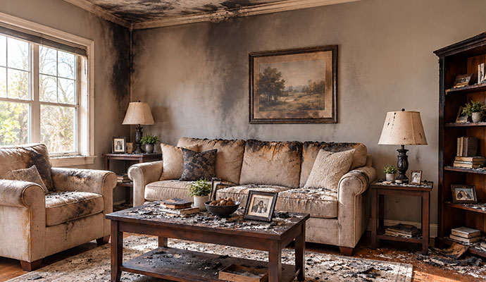 Living room furniture damaged by fire and smoke