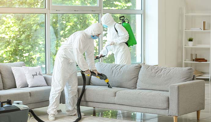Two experts cleaning upholstery