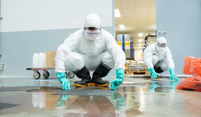 Two experts disinfecting the floor