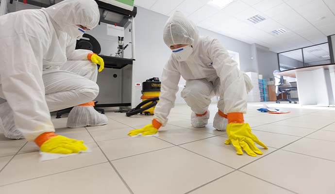 Two experts sanitizing the floor