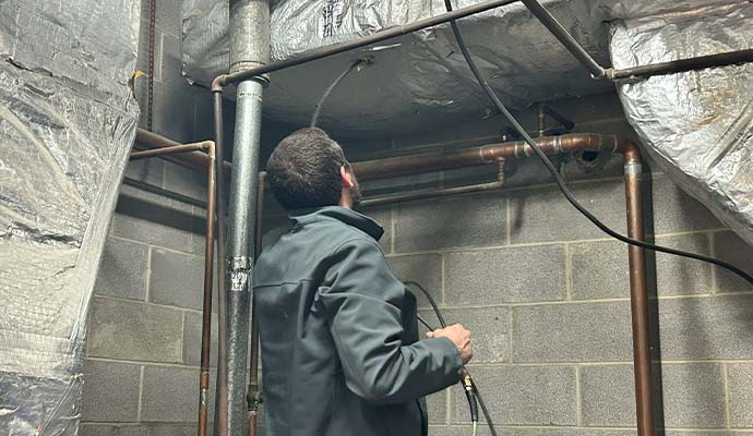 Technician inspecting insulated HVAC ductwork in a utility room.