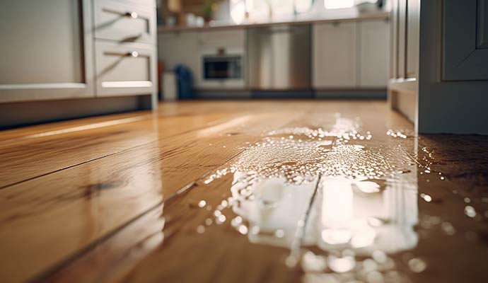 Water damaged kitchen floor due to appliance leakage